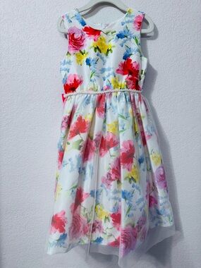 Sorbet Girl’s White Floral Sleeveless Party Dress with Multicolor Blooms. Size 6